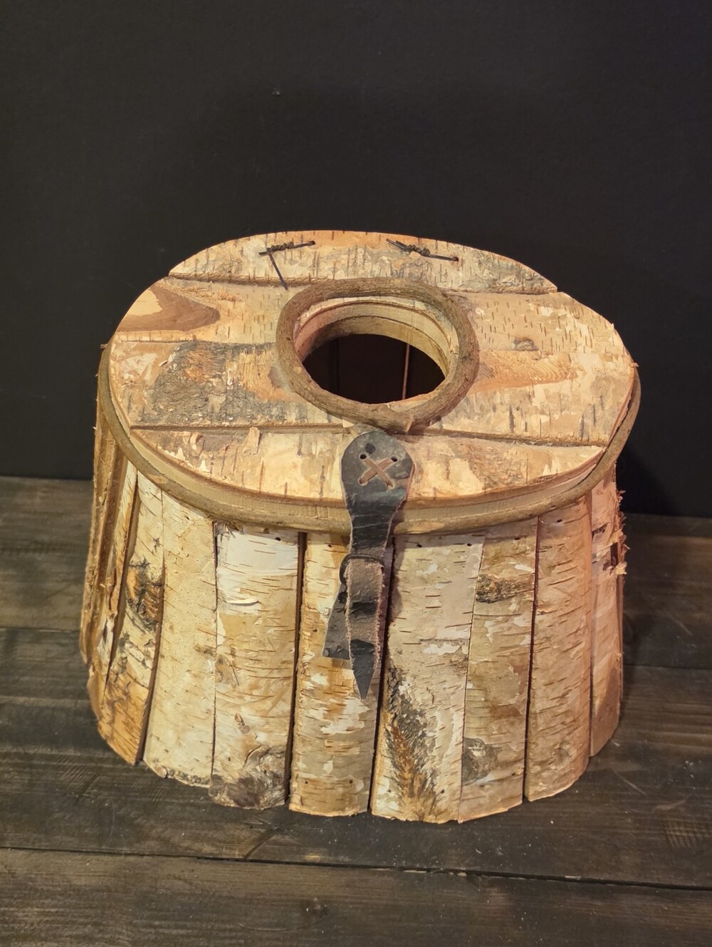 Vtg Mackinac Island Birch Bark Basket Purse Box Wood Lid Leather Strap Rustic